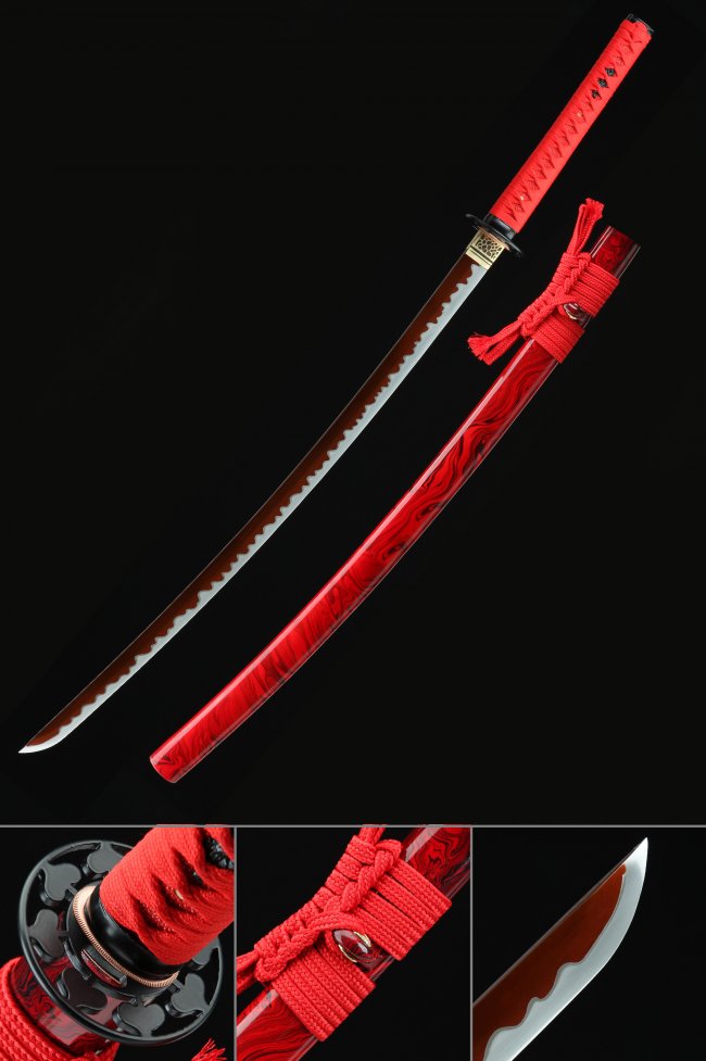 Red 1095 Clay Tempered Katana with Raging Fire Blade and Hand-Painted Red Saya in Swirl Pattern
