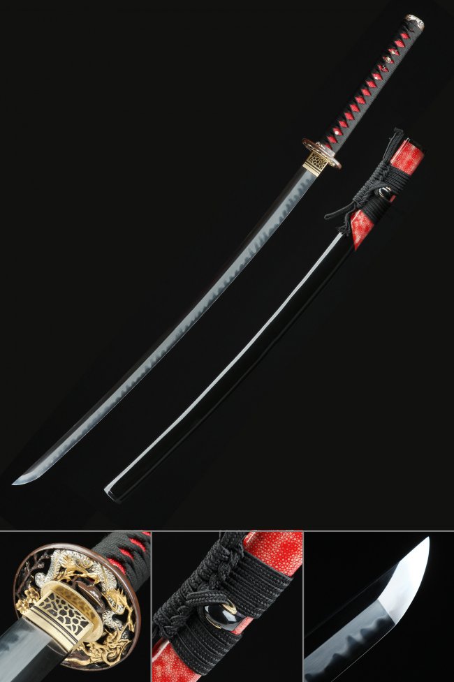 T10 Clay Tempered Katana with Real Hamon in Black Lacquer Saya - Gold Dragon Tsuba, Red Samegawa