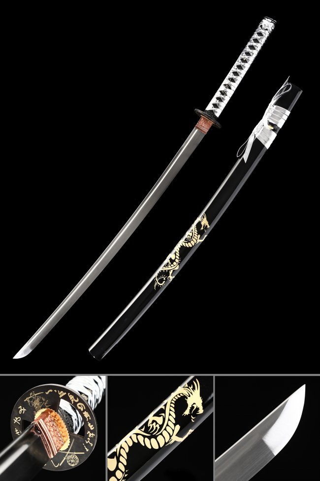 Manganese Steel Katana with Gold Dragon Lacquered Saya and Silver White Tsuka - Collectible Samurai Sword