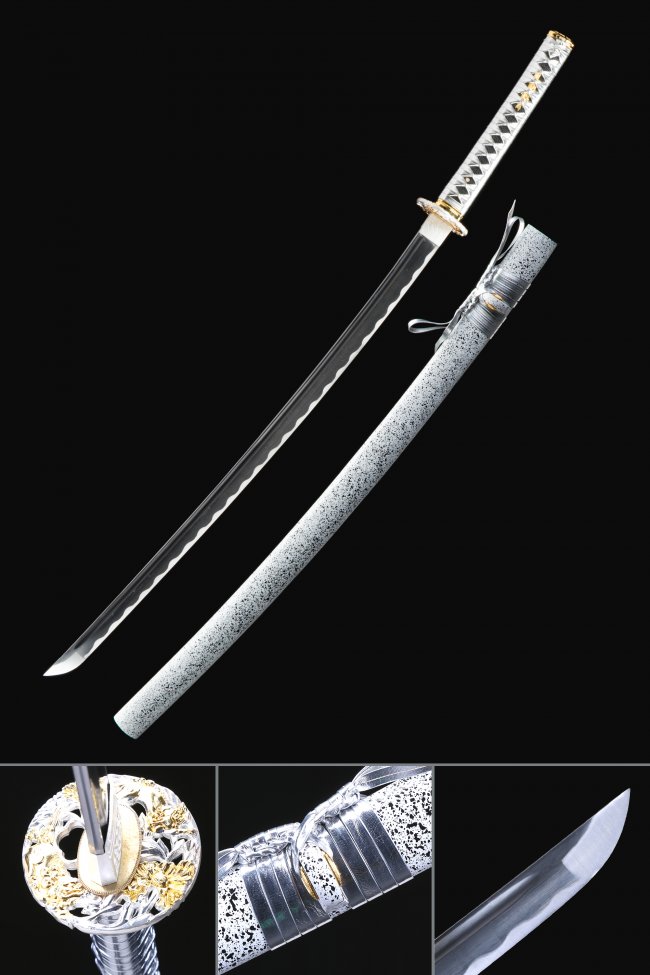 Spring Steel Katana with Silver Floral Tsuba and White Speckled Saya - Full Tang Collectible Sword