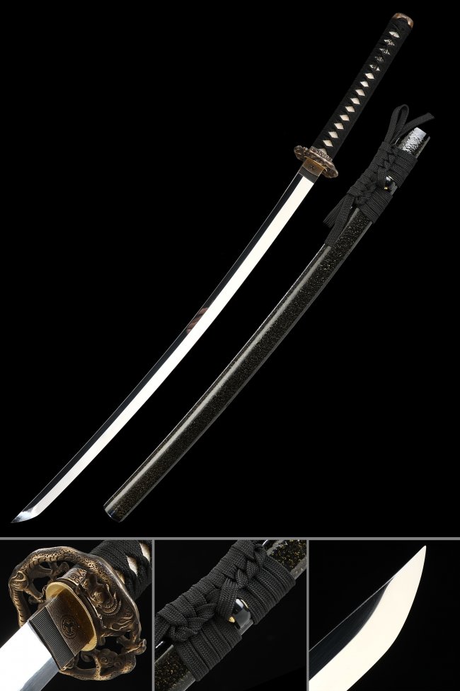 Dragon Tsuba 1095 Carbon Steel Katana, Full Tang, Handcrafted & Black Saya