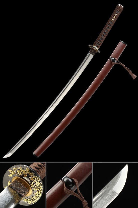 Damascus Steel Katana with Peony Tsuba in Brown Cord Handle & Dark Red Lacquer Saya