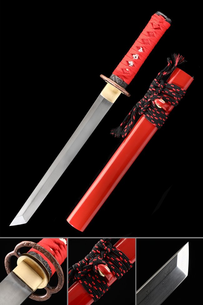Damascus Steel Tanto with Red Lacquer Saya - Chrysanthemum Bronze Tsuba, Red Ito Wrap