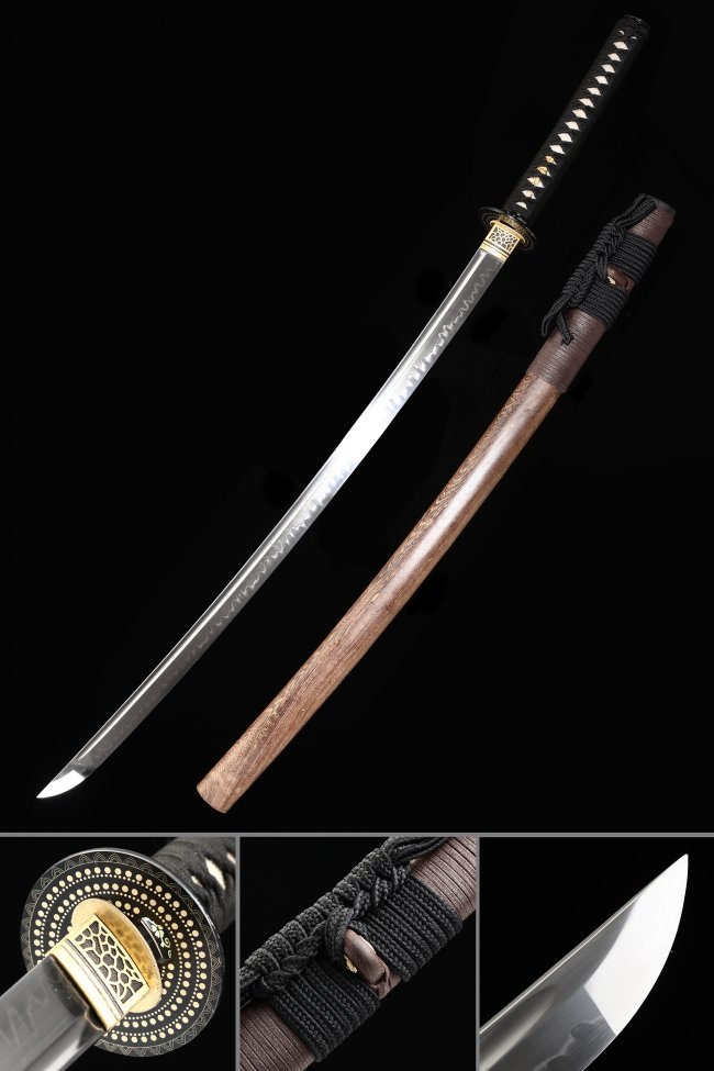 T10 Steel Katana with Clay Tempered Blade, Real Hamon in Natural Hardwood Saya - Black-Gold Iron Tsuba