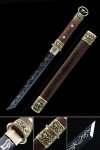 T10 Steel Hamidashi Tanto with Blue Etched Blade and Hardwood Saya - Dragon Theme Brass Fittings