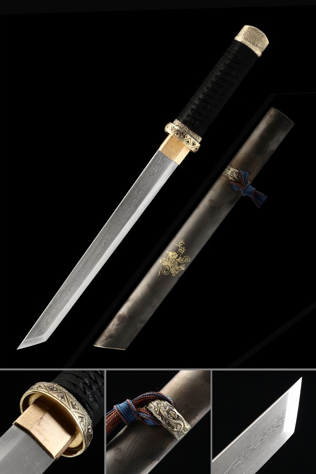 Manganese Steel Tanto with Damascus Pattern Blade in Black Lacquer Saya - Gold Tsuba Dragon Design