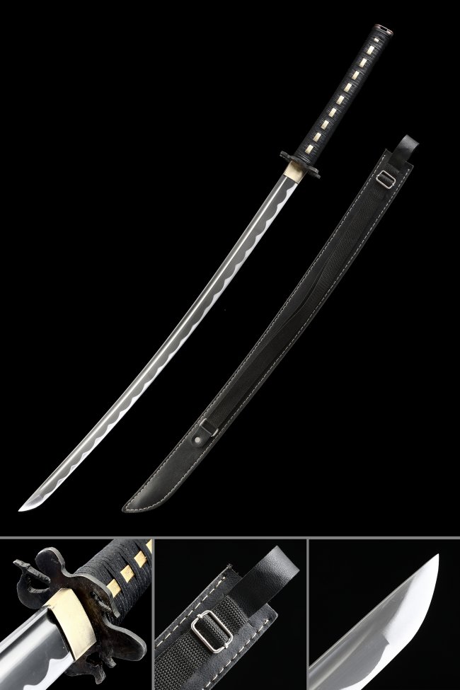 Damascus Steel Katana with Folded Blade, Hamon & Black Leather Saya - Full Tang, 40.5 in.