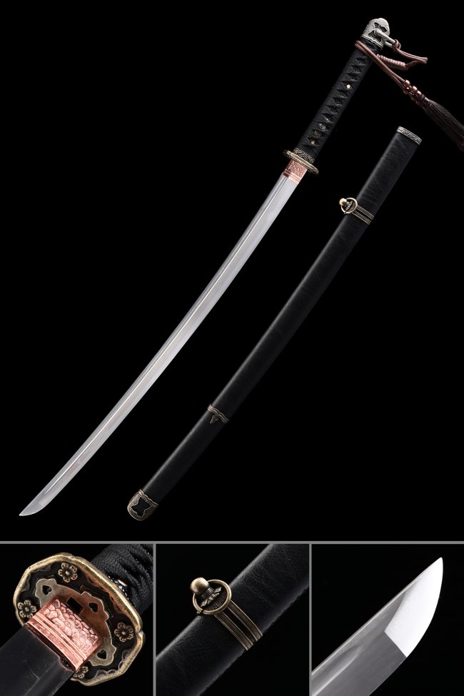 WWII Type 97 Shin Gunto Katana in Manganese Steel with Black Leather Saya & Gold-Copper Tsuba