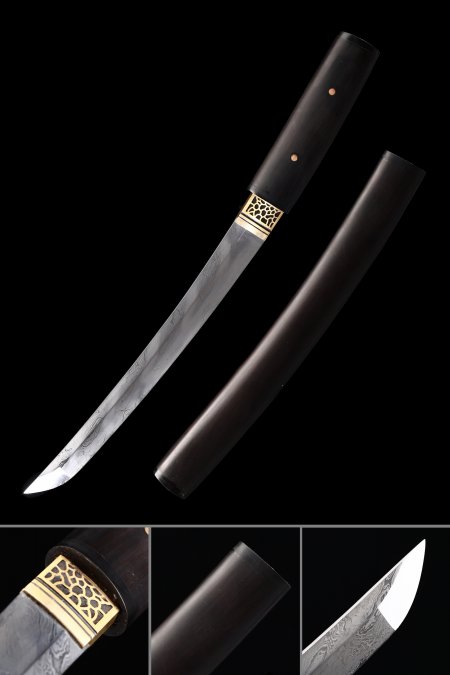 Handmade Japanese Shirasaya Tanto Sword Pattern Steel With Black Scabbard
