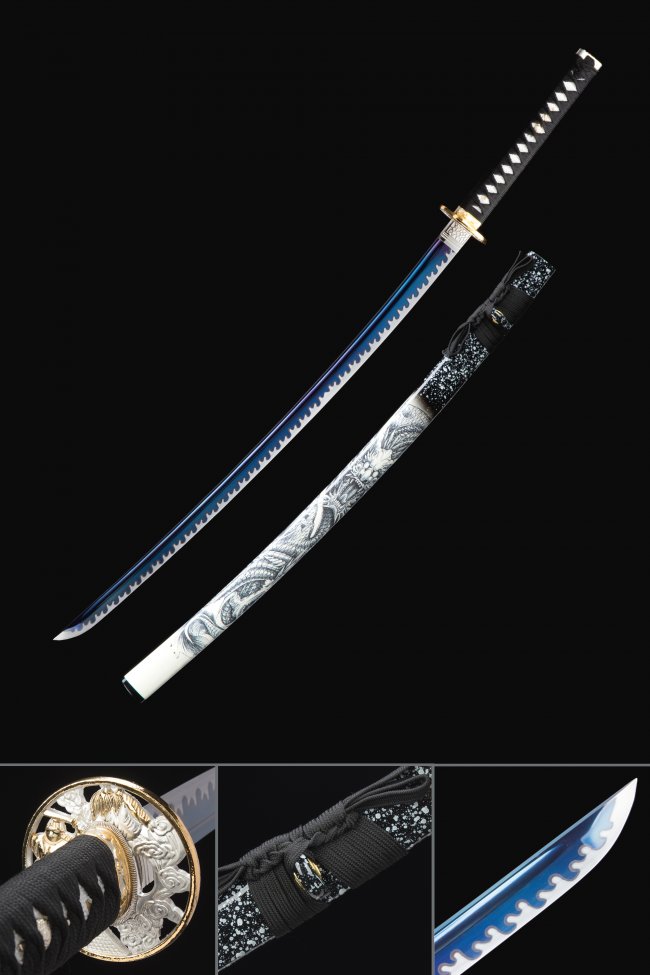 Blue Blade Manganese Steel Katana with Dragon Saya and Floral Gold-Silver Tsuba in Black Cord Wrap
