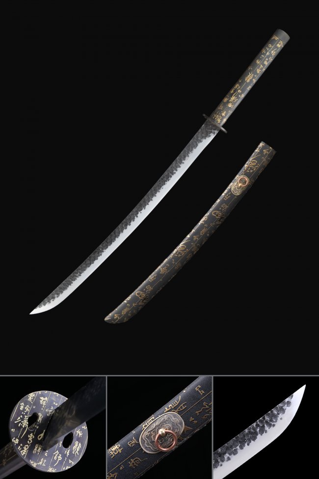 Hand Forged Manganese Steel Wakizashi with Kanji Engraved Black-Gold Saya and Copper Tsuba