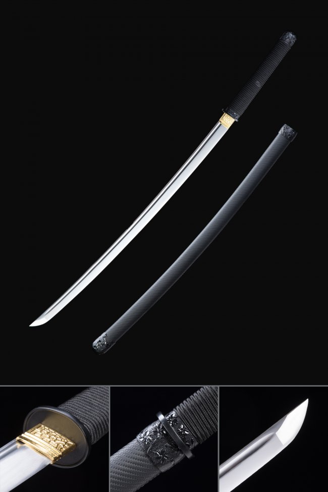 Manganese Steel Katana with Black Lacquer Saya - Gold Tsuba, Black Cord Handle