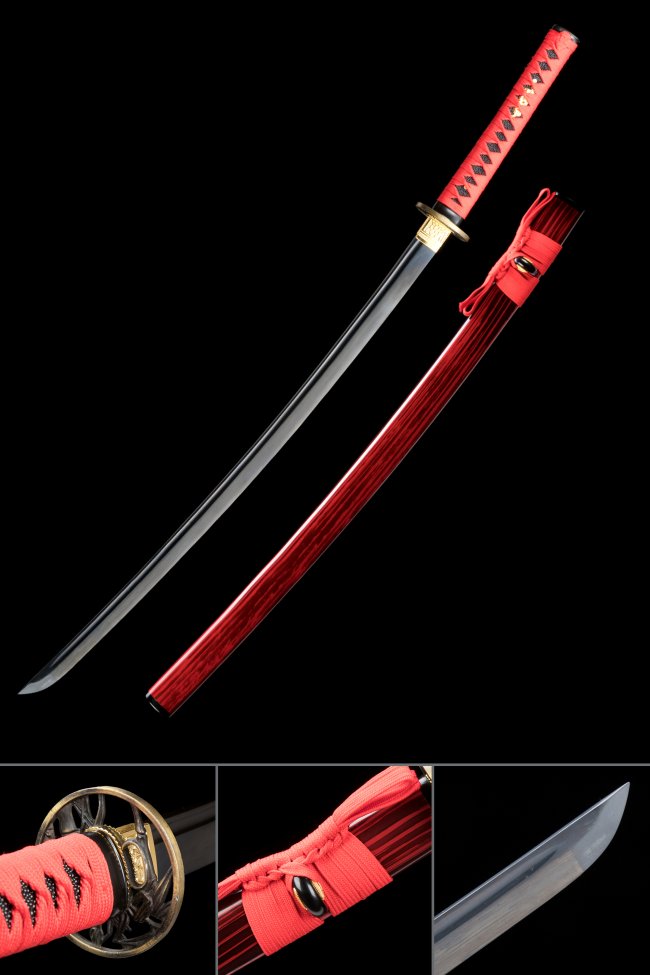 1065 Carbon Steel Katana with Black Blade, Red Lacquer Saya & Bronze Tsuba