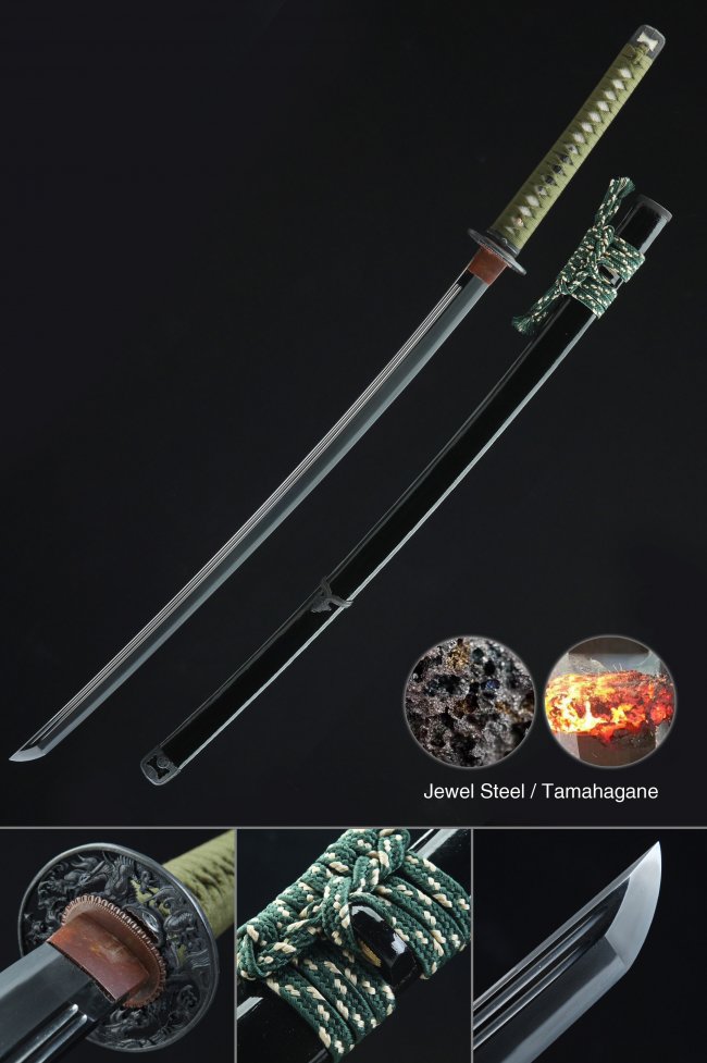 Tamahagane Steel Katana with Black Lacquer Saya - Dragon Tsuba, Green Ito & Hamon Blade