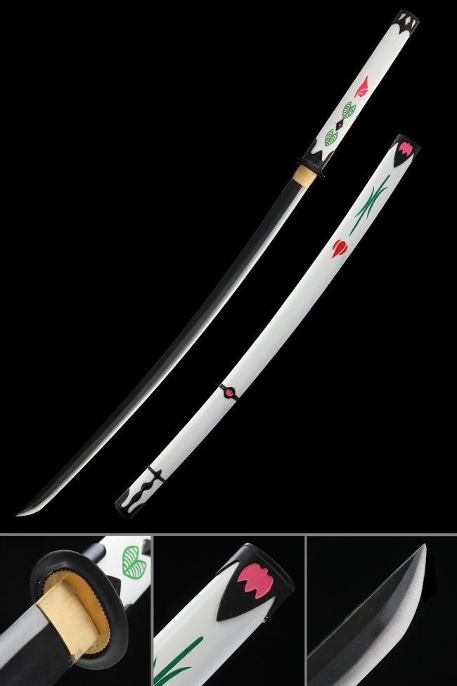 Touken Ranbu Juzumaru Tsunetsugu Katana in 1060 Carbon Steel - White Saya with Floral Motif Anime Sword Replica