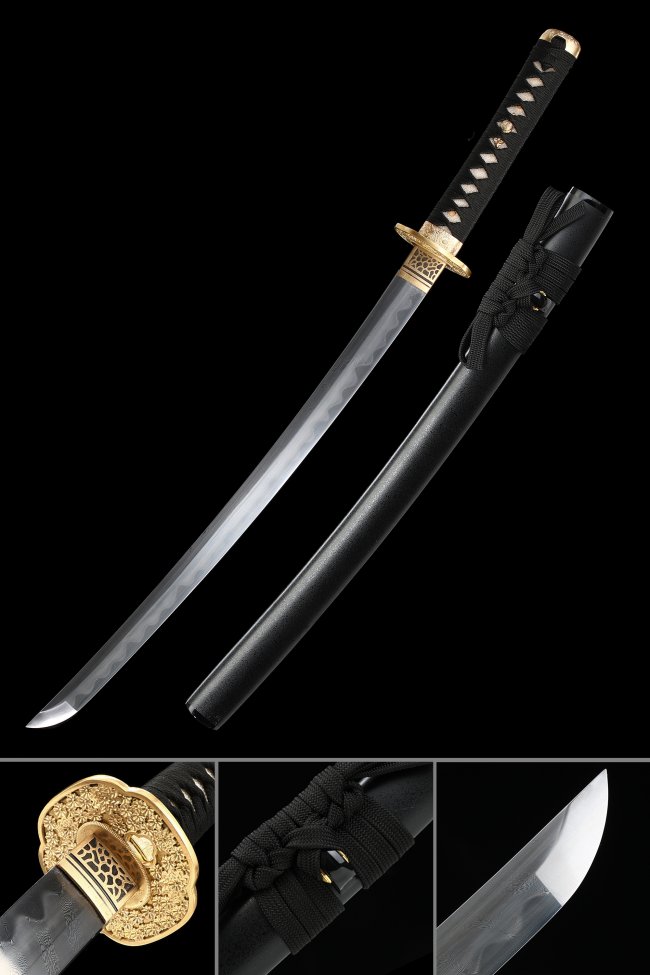 Damascus Steel Wakizashi in Black with Gold Chrysanthemum Tsuba - Full Tang Short Katana