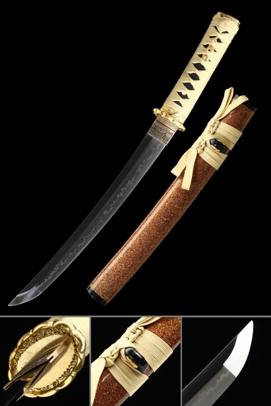 T10 Carbon Steel Tanto with Real Hamon - Black Blade, Gold Tsuba, Brown Rayskin Saya