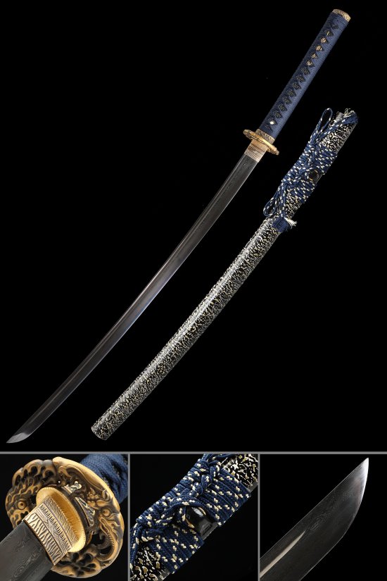 Damascus Steel Katana with Dragon Tsuba in Blue Cord Handle & Marble Saya