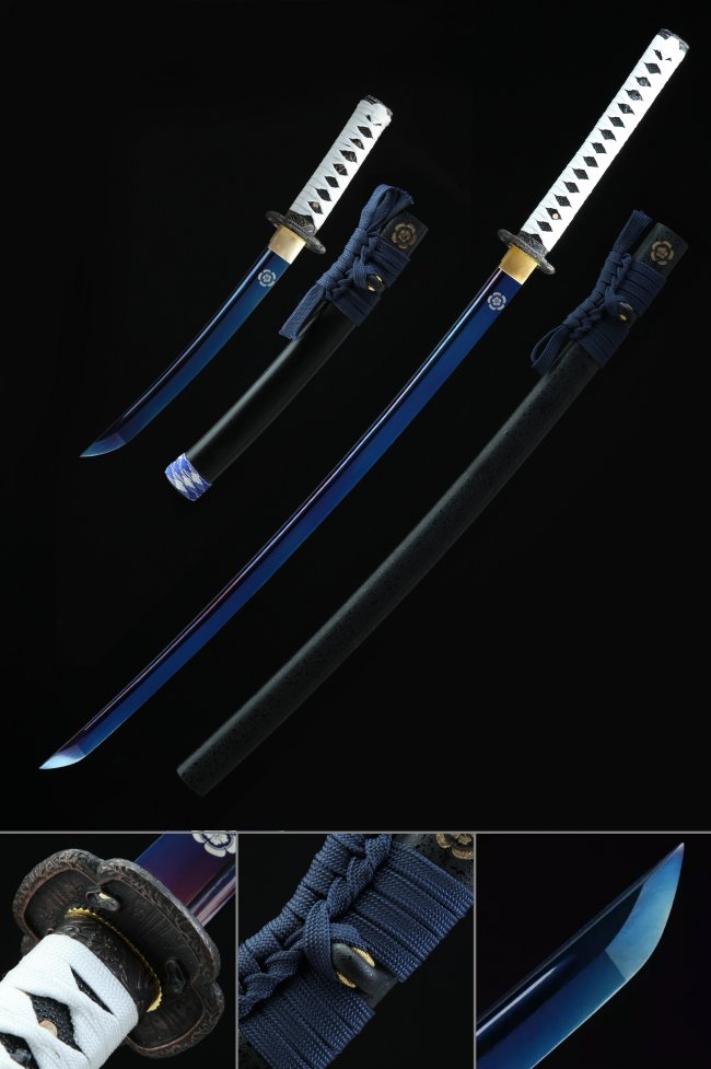 Flower Tsuba Manganese Steel Katana, Handmade, Black Saya & White Tsuka