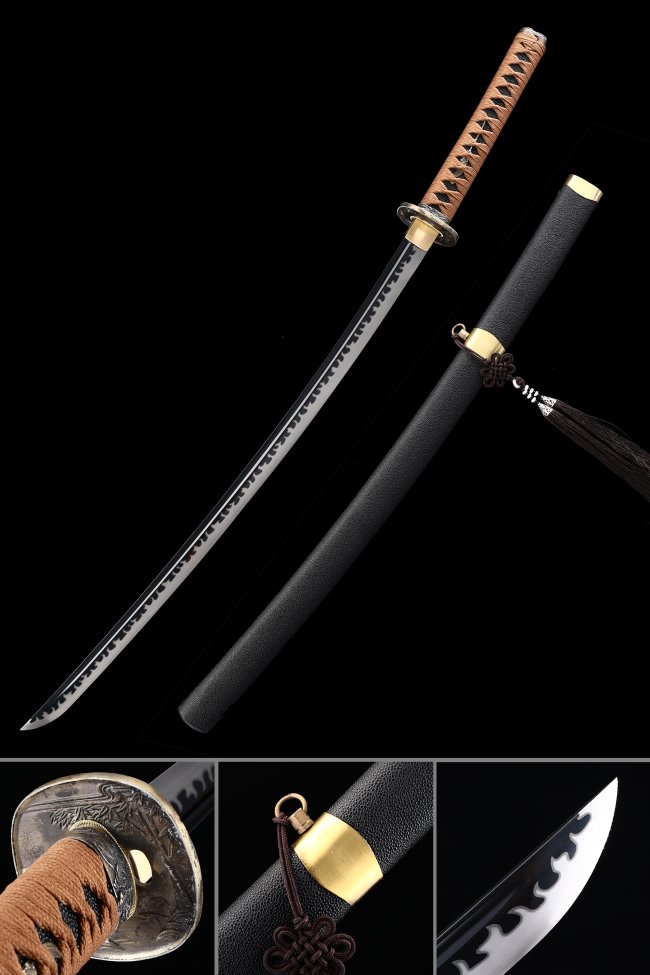 Black Blade Manganese Steel Katana with Crane Tsuba - Brown Ito, Black Lacquer Saya, Flame Hamon