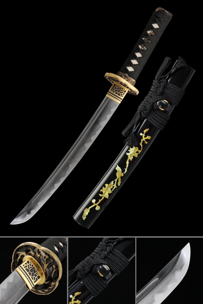 Damascus Steel Tanto with Gold Dragon Tsuba in Black Lacquer Saya - Flower Hand-Painted Koshirae
