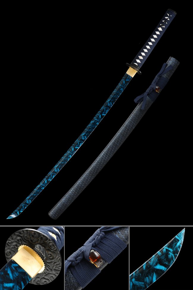 1045 Carbon Steel Katana with Blue-Black Printed Blade in Dark Blue Tsuka and Black Saya