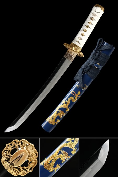 Handcrafted Full Tang Tanto Sword T10 Carbon Steel With Blue Dragon Theme Scabbard