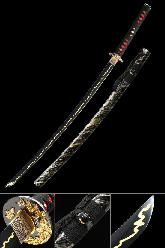 Butterfly Tsuba 1095 Carbon Steel Katana, Full Tang, Handmade & Black Gold Saya