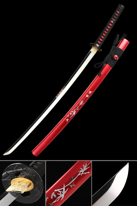 Bamboo Tsuba 1095 Carbon Steel Katana, Full Tang, Handcrafted & Red Bamboo Saya