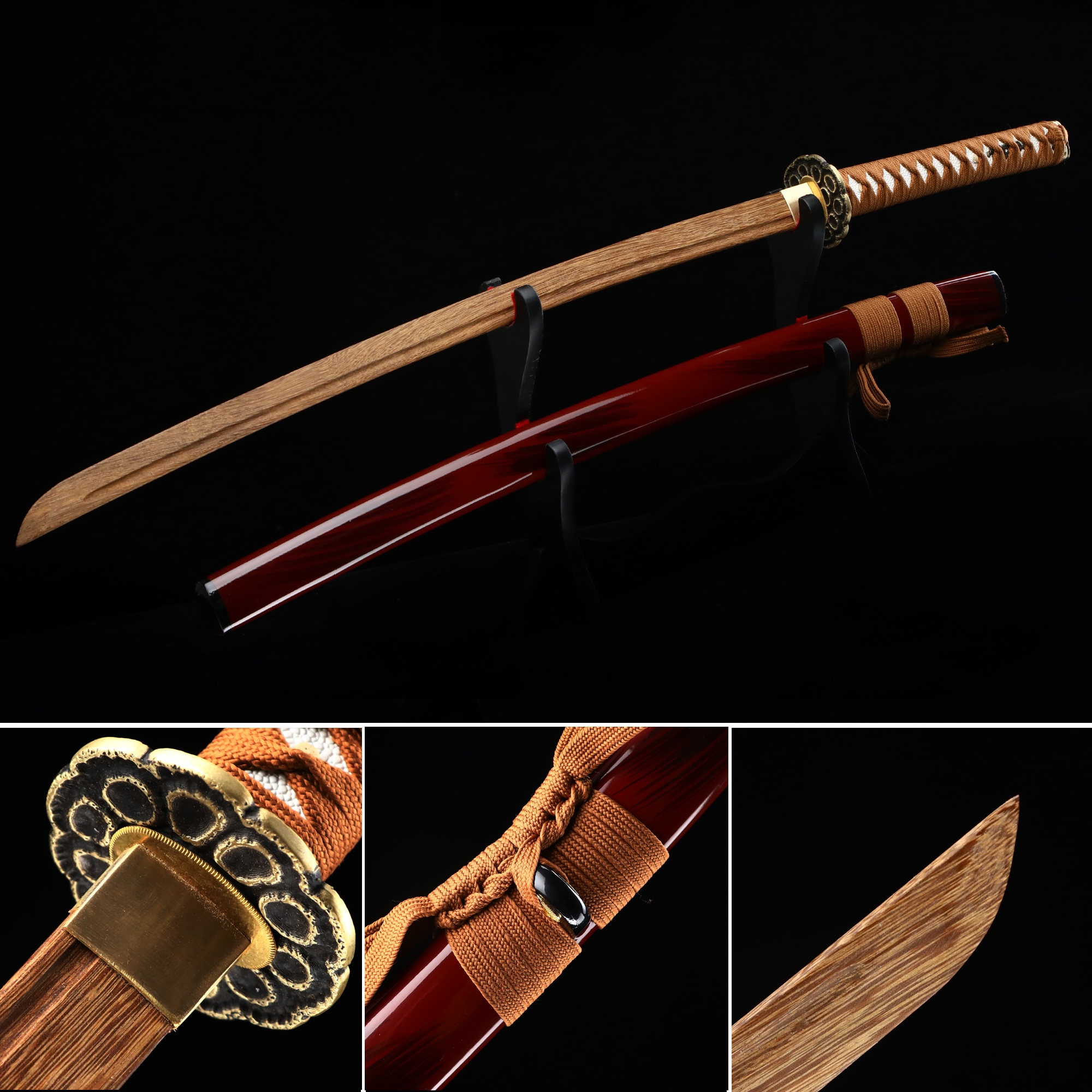 Handmade Japanese Wooden Unsharp Katana Sword With Brown Blade And Red ...