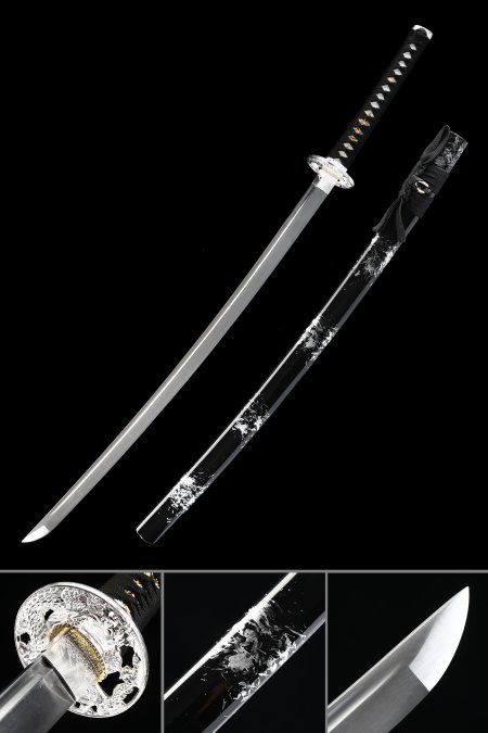 Handmade Pattern Steel Real Japanese Katana Samurai Swords With Black Scabbard And Dragon Tsuba