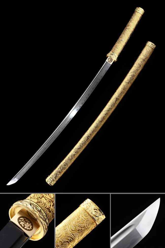 T10 Carbon Steel Katana with Gold Engraved Saya and Chrysanthemum Tsuba - Real Hamon