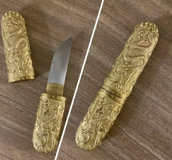 Handmade Japanese Pocket Tanto Knife With Copper Scabbard