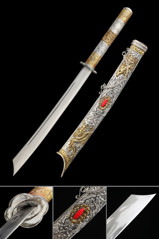 Chinese Tibetan Broadsword - Handcrafted Spring Steel Collectible With Silver Sheath & Turquoise Gemstone Inlay 30.7 Inches