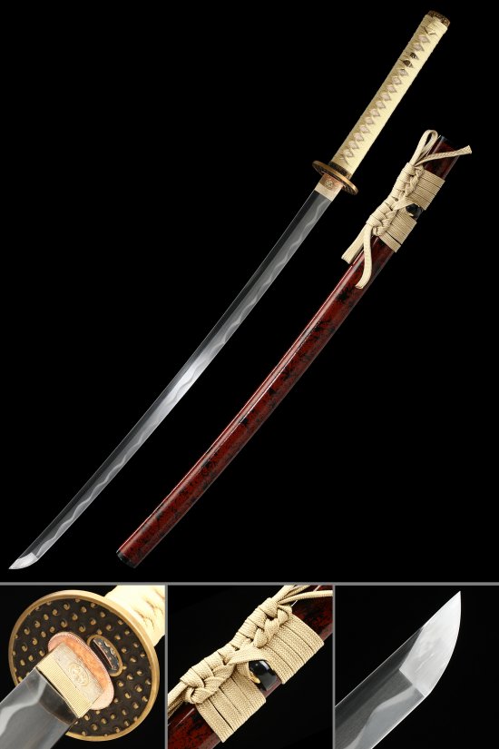 Ornate Scroll Tsuba T10 Carbon Steel Katana, Real Hamon, Full Tang & Handcrafted
