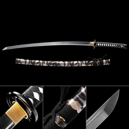 Handmade Japanese Katana Sword With Camo Leather Scabbard