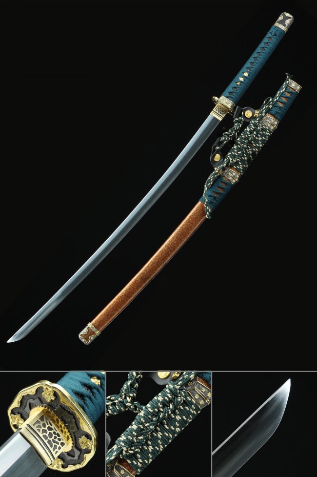 Clay Tempered 1095 Carbon Steel Tachi Sword with Teal Ito Wrap and Bronze-Shimmer Saya in Gold Fittings