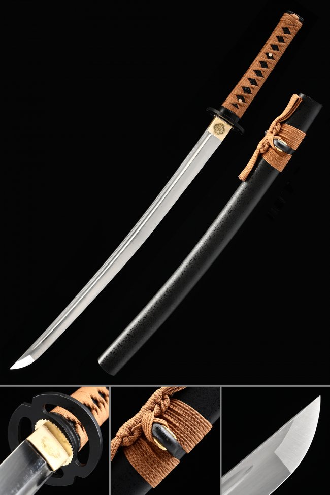 Full Tang Manganese Steel Wakizashi with Black Lacquer Saya - Brown Ito & Round Tsuba