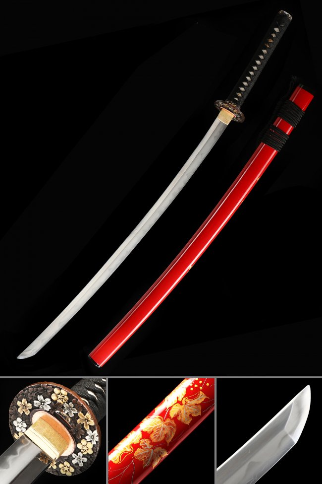 Sanmai Steel Katana with Red Lacquer Saya - Cherry Blossom Tsuba, Black Cord Handle