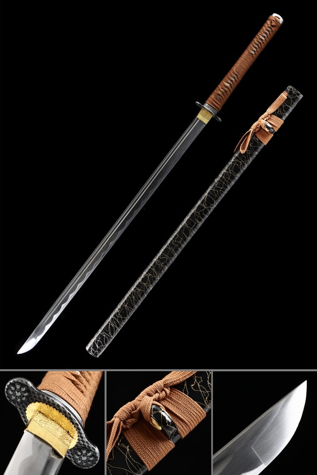1045 Carbon Steel Chokuto Ninjato Sword with Brown Ito Wrap and Gold Vine Patterned Black Saya - Full Tang
