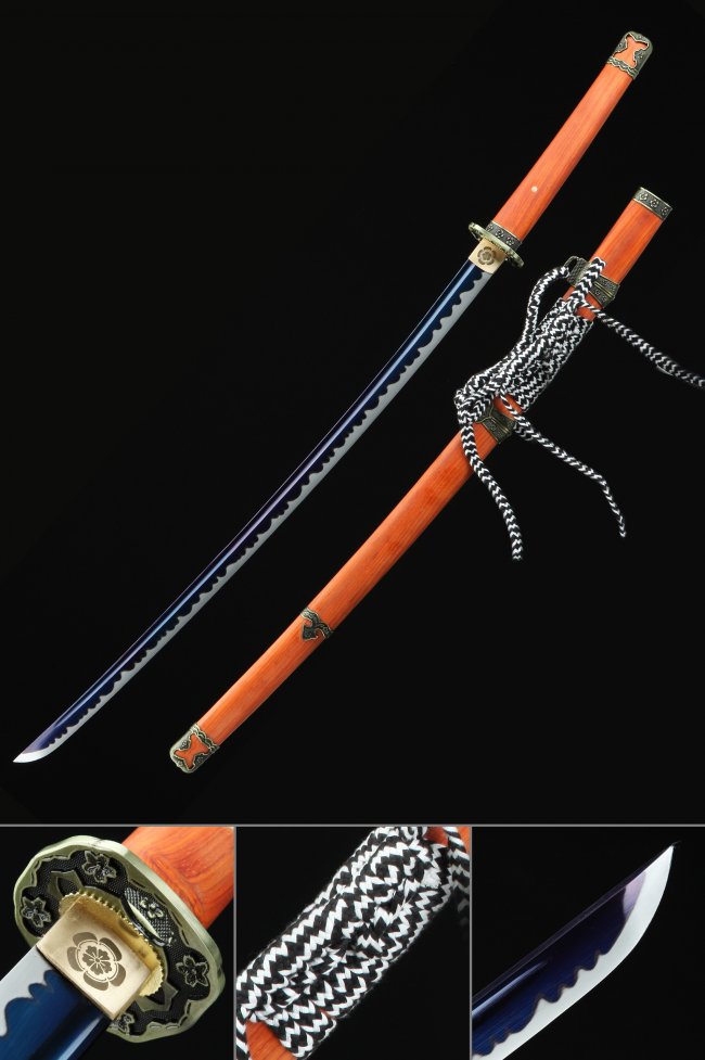 1045 Carbon Steel Odachi with Blue Blade, Orange Rosewood Saya & Bronze Chrysanthemum Tsuba