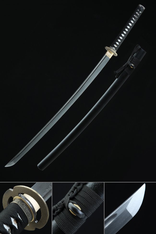 Damascus Steel Katana Full Tang Folded Black Samurai Sword with Matte Black Hardwood Saya and Gold Alloy Tsuba