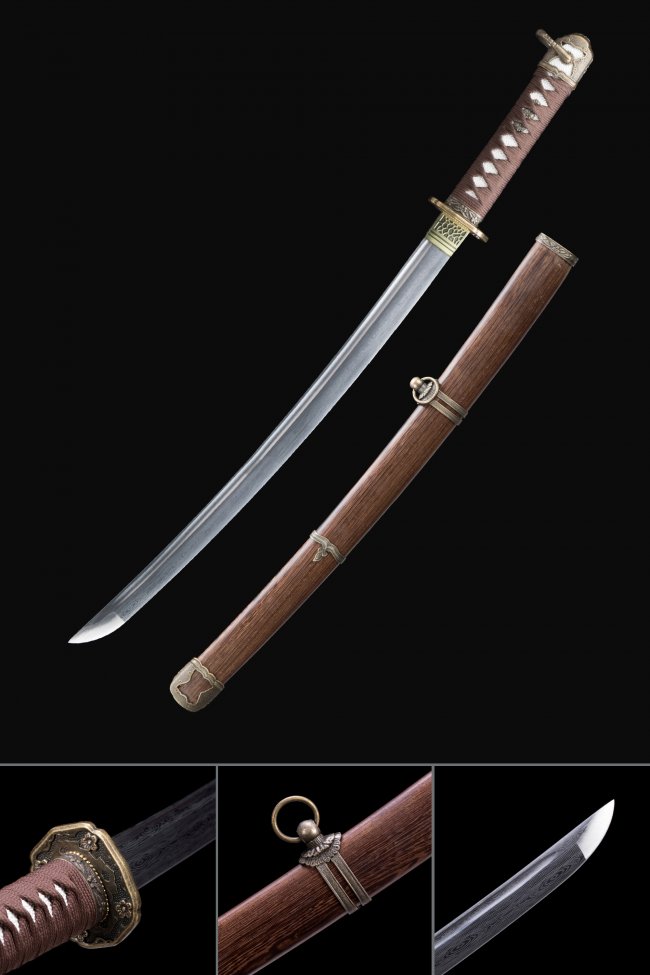 Shin Gunto Type 98 Officer Saber in Damascus Steel with Brown Hardwood Saya and Gold Alloy Fittings