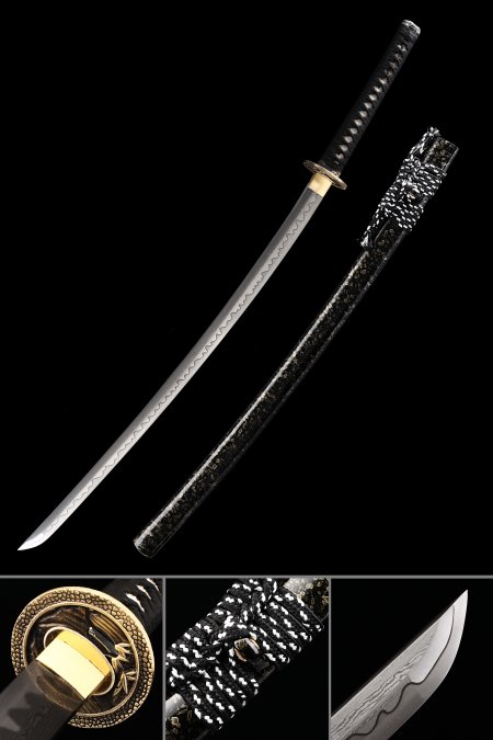 Damascus Katana, Handmade Japanese Katana Sword Damascus Steel With Black Scabbard And Lion Tsuba