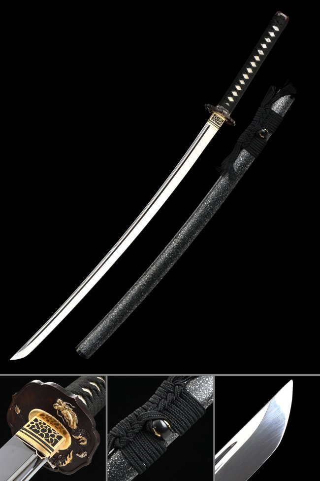 Lion Tsuba 1095 Carbon Steel Katana, Handcrafted, Black Saya & Black Tsuka