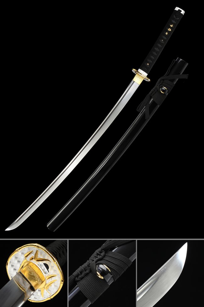 1060 Carbon Steel Katana with Gold-White Geometric Tsuba - Full Tang, Black Saya