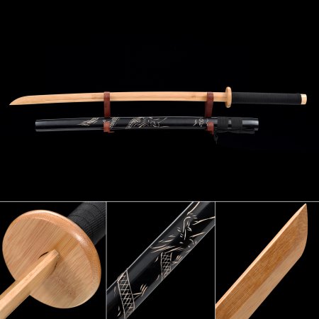 Handmade Natural Bamboo Wooden Unsharpened Katana Sword With Dragon Scabbard And Bamboo Tsuba