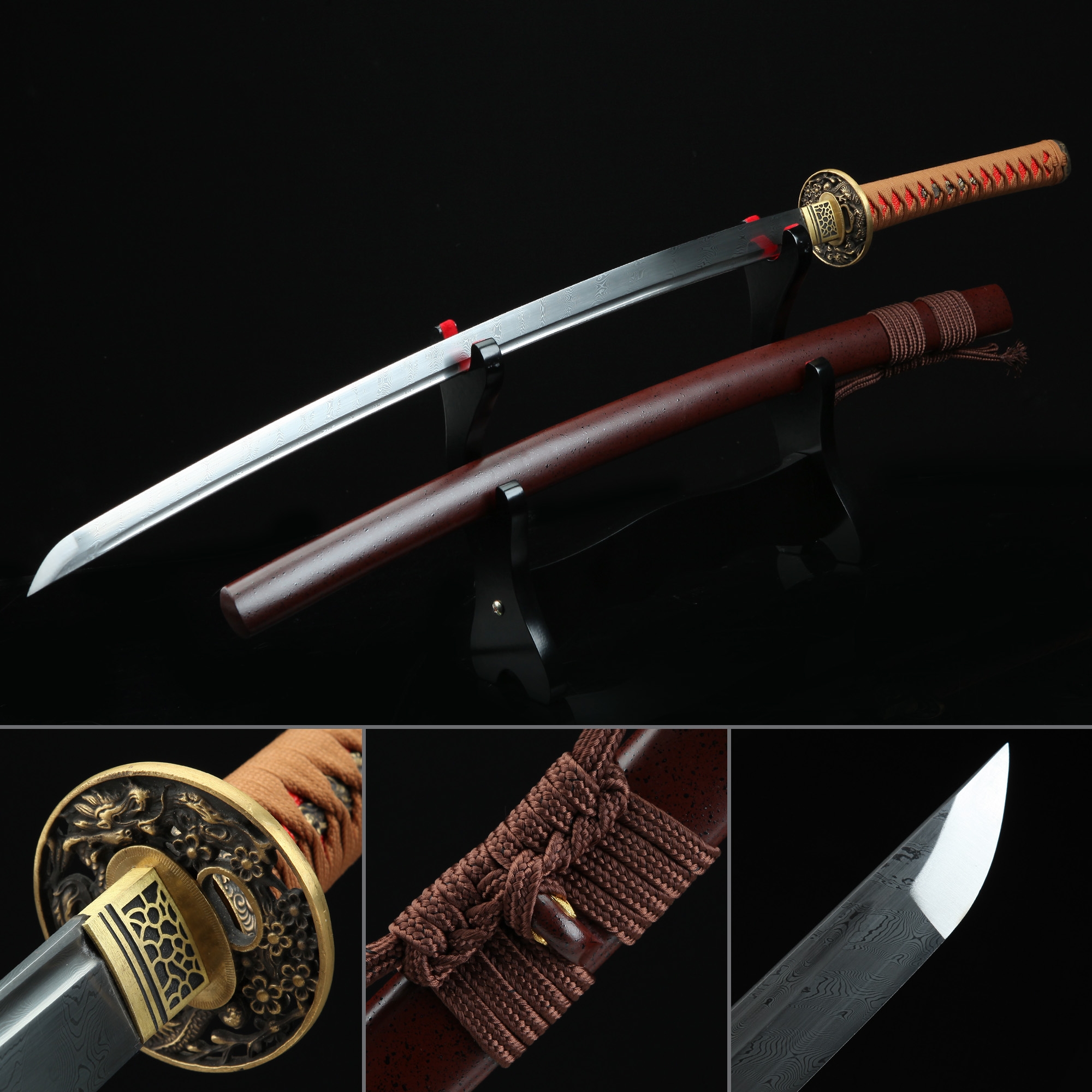 Handmade Pattern Steel Real Japanese Katana Samurai Sword With Dark Red ...