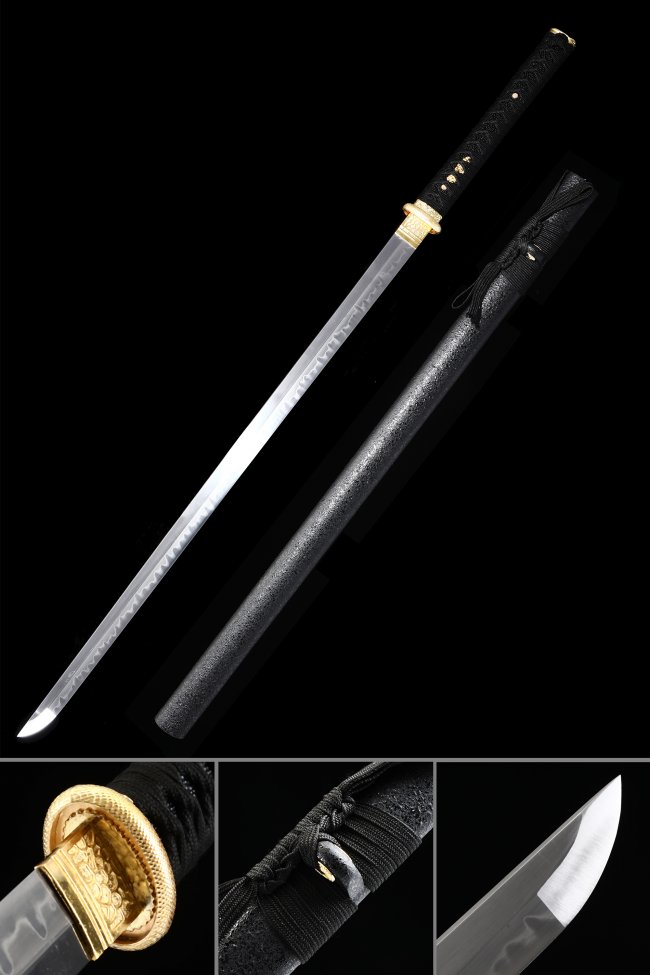 Clay Tempered T10 Steel Chokuto Ninjato with Real Hamon in Black Saya and Gold Alloy Tsuba
