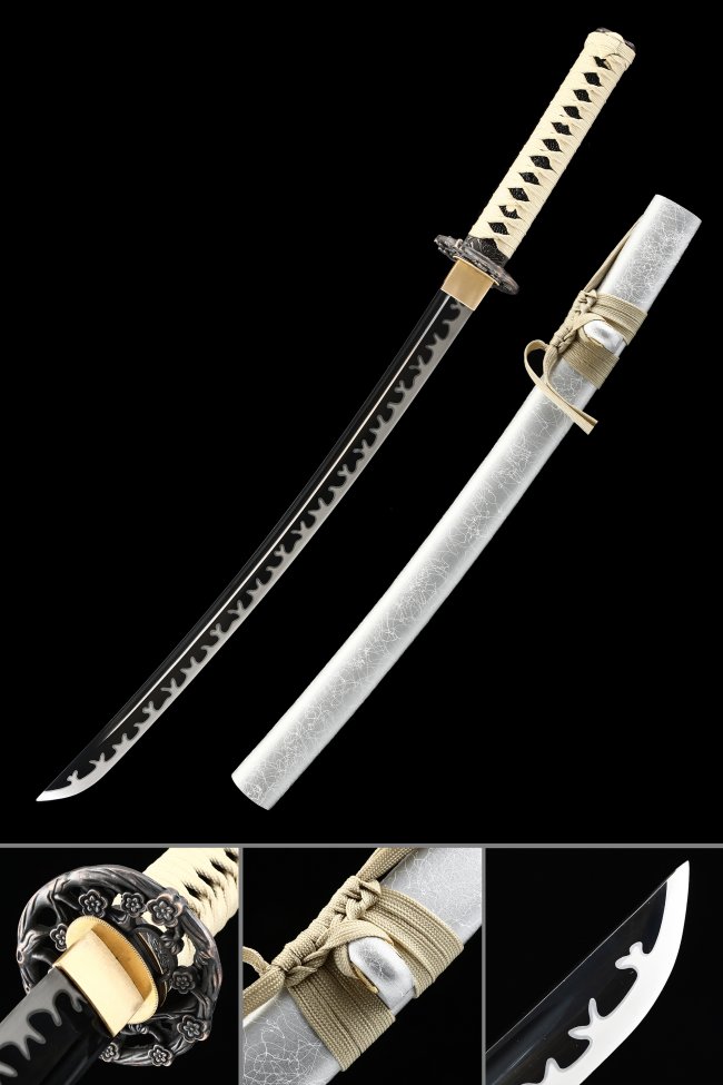 Black Blade Manganese Steel Wakizashi with Flame Engraving, White Lacquer Saya & Plum Blossom Tsuba